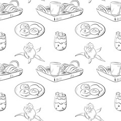 vector seamless pattern line art elements - food, cuisine breakfast cottage cheese pancakes, yogurt, breakfast stand, croissant, cup