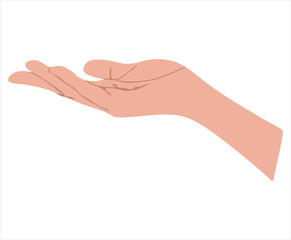 Upward facing female hand vector illustration isolated on white background. Female open palm up in receiving or holding, showing, presenting product business concept. 