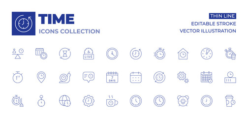 Time icons collection. Thin Line icons, editable stroke. process, snail, time, time management, time zone, second, days, arrival time, break time, calendar, cleaning, clock