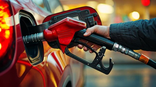 A person is fueling a red car with a gas pump