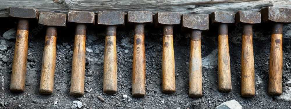 Poster uniform hammers arranged in a neat row, poised for use in an upcoming construction project, showcasi