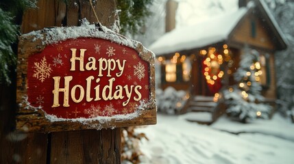 A charming and festive holiday scene featuring a rustic wooden sign adorned with Happy Holidays text, set against a snowy background with a warmly lit cottage