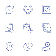 Time icons set. Thin Line style, editable stroke. half hour, part time, sleep, time, time management, alarm, calendar, clock