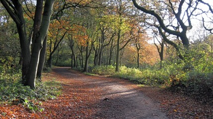Naklejka premium Picturesque Autumn Forest Path Surrounded by Vibrant Foliage