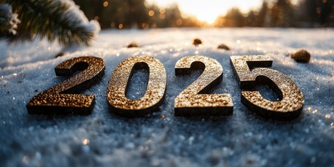 A glittering snow scene with golden 2025 numerals prominently displayed, creating a festive and optimistic ambiance as the sun sets in the background