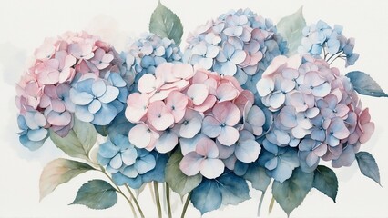 Soft pastel watercolor hydrangea bouquet in pink and blue tones