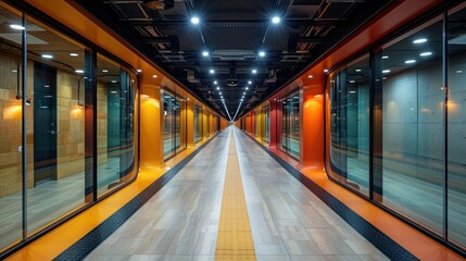 Fototapeta premium Modern subway corridor featuring sleek design and vibrant colors during a quiet afternoon commute. Generative AI