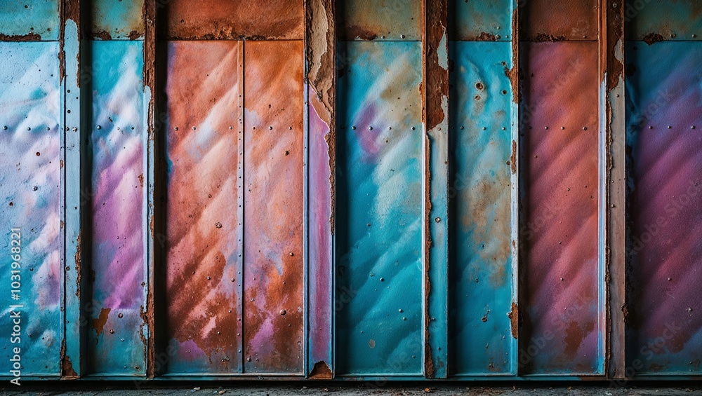 Canvas Prints Close-up of a rusty metal surface with faded blue, pink, and orange paint.