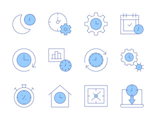 Time icons. Line Duotone style, editable stroke. limited time, appointment, time travel, time management, sleep, time