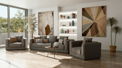 Large luxury modern Relaxing and Comfortable bright interiors Living room mockup illustration 3D rendering image