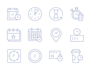 Time icons. Thin Line style, editable stroke. minutes, calendar, charging, clock, coffee time, waste, hourglass, place, timer, appointment