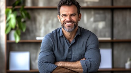 Fototapeta premium Portrait of a Confident Mature Man Smiling with Folded Arms, Business Success Concept