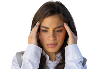 Portrait of a young Latina businesswoman with a headache, holding her head in pain