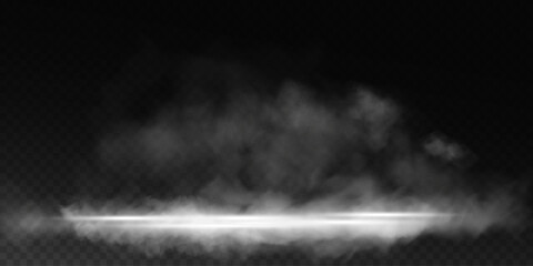 Dark stage on transparent background, white light from spotlight, empty dark stage and studio room with floating smoke. For product demonstrations.  © andreu1990