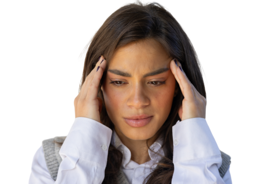 Portrait of a young Latina businesswoman with a headache, holding her head in pain - Powered by Adobe