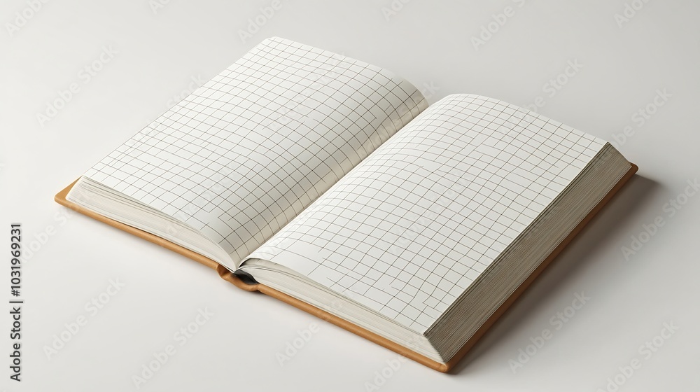 Poster detailed cartoon realistic 3d rendering of an open note book with crisp white grid paper minimalisti