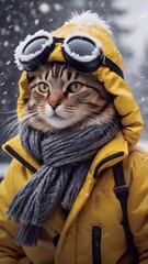 Cat in a hat and glasses in winter outfit posing against a winter background