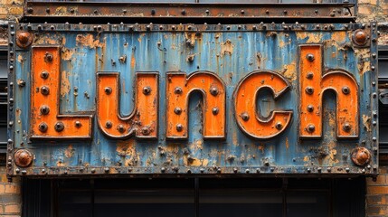 Obraz premium A weathered and rusty metal sign with vintage-style orange letters spelling out the word Lunch, evoking a nostalgic feel in an urban setting