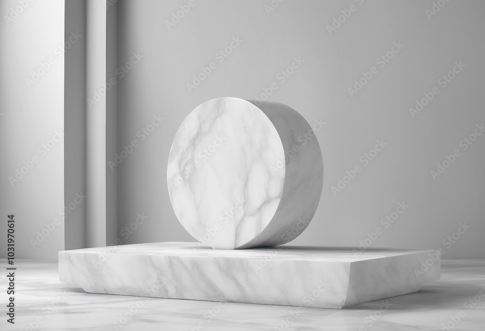 Poster 3d rendering geometric forms blank podium display in white marble color minimalist pedestal or showc