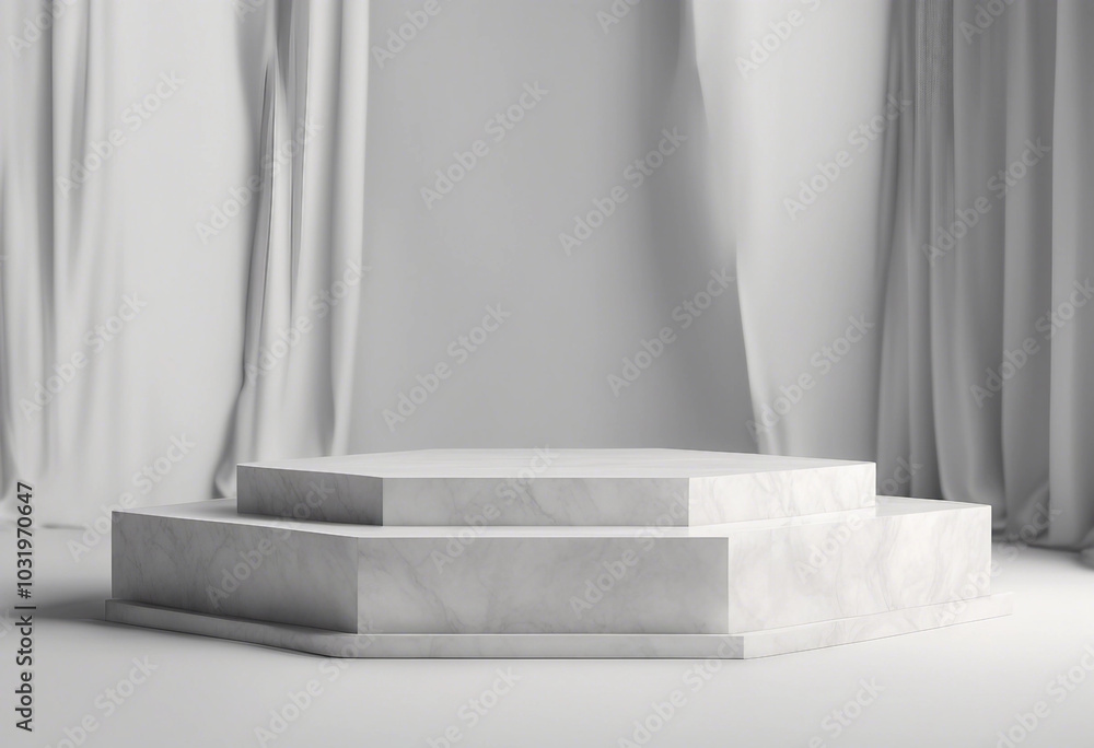 Poster 3d rendering geometric forms blank podium display in white marble color minimalist pedestal or showc
