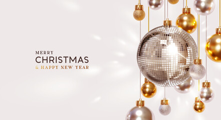Merry Christmas and Happy New Year background. Realistic 3d disco ball silver glitter mirrors, hang on ribbon golden and silver Christmas ornaments. Vector illustration