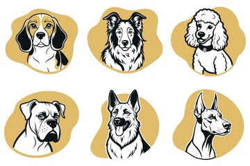 A set of dog illustrations with a variety of breeds including a poodle, a beagle