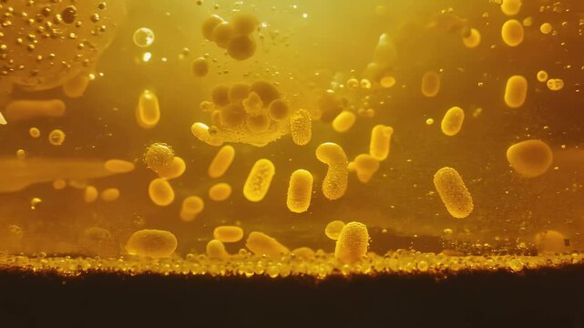 Fermentation process with bacteria consuming sugars, highlighted by warm rim lighting, in a brewery-like environment. The camera zooms out, emphasizing the biological activity happening in real time