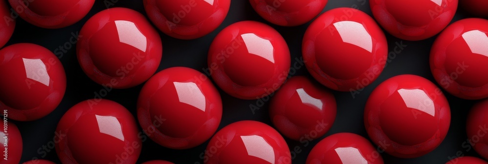 Poster close up view of shiny red balls arranged neatly on a flat surface during daylight