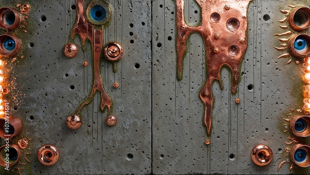 Canvas Prints Copper and blue eye details adorn a concrete wall in a unique and artistic way.