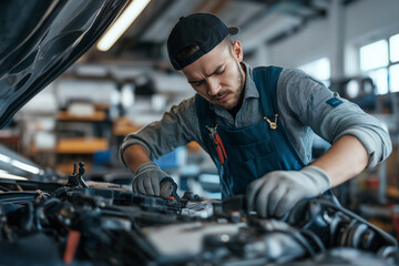A man in a blue jumpsuit is working on a car engine