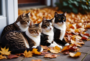 Cats huddle on a warm doorstep as golden autumn leaves swirl around in the cool city breeze