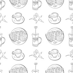 vector seamless pattern line art elements - food, cuisine breakfast cappuccino, tea, teapot, waffles, rose