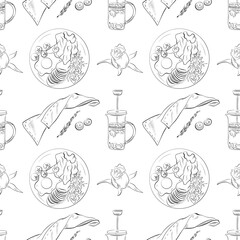 vector seamless pattern line art elements - food, cuisine breakfast tea, teapot, plate with fried eggs, bacon, vegetables, rose