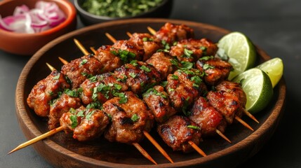Fototapeta premium Juicy grilled skewers with fresh lime and herbs served on a wooden plate during a vibrant evening gathering