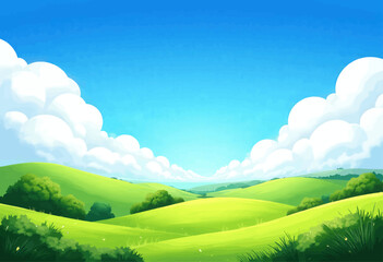 Naklejka premium Green Hills and Blue Sky Landscape 