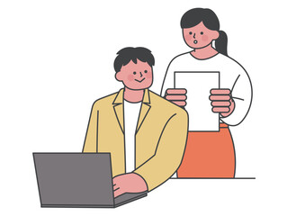 同僚に質問する女性社員