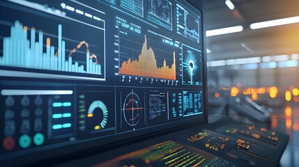 High Tech Digital Dashboard Monitoring Environmental Data Analytics in Control Room