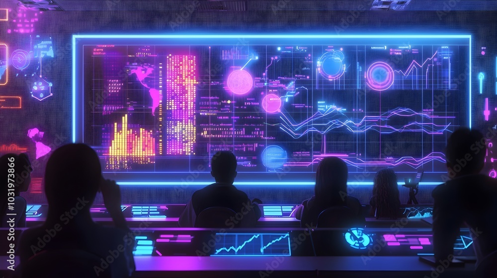Poster futuristic classroom with students exploring historical data through 3d graphs
