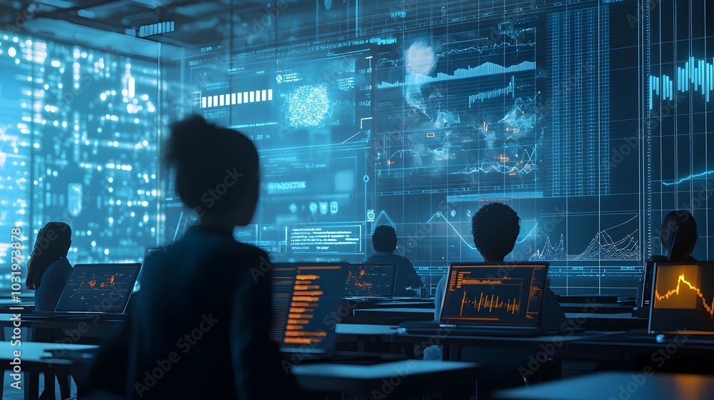 Poster futuristic classroom with students interacting with 3d historical data visualizations