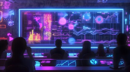 Futuristic Classroom with Students Exploring Historical Data Through 3D Graphs