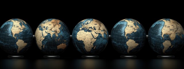 Identical globes aligned, each highlighting distinct continents, showcasing global diversity and geography in harmonious symmetry