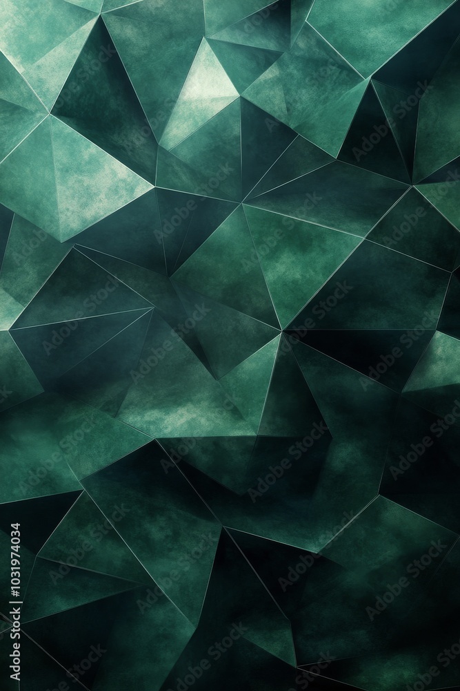 Poster abstract geometric pattern featuring triangular shapes in deep green hues