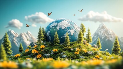 Detailed globe with flourishing plants trees and mountains floating in a blue sky The design emphasizes safe environmental practices with space for an Earth Day ecological message banner