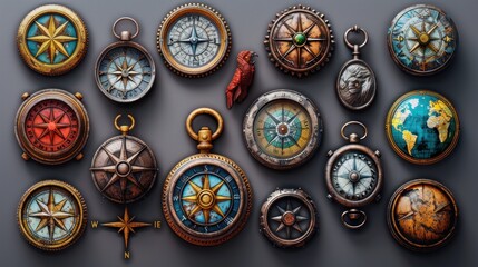 A captivating collection of vintage compasses arranged artistically on a rustic surface. Generative AI
