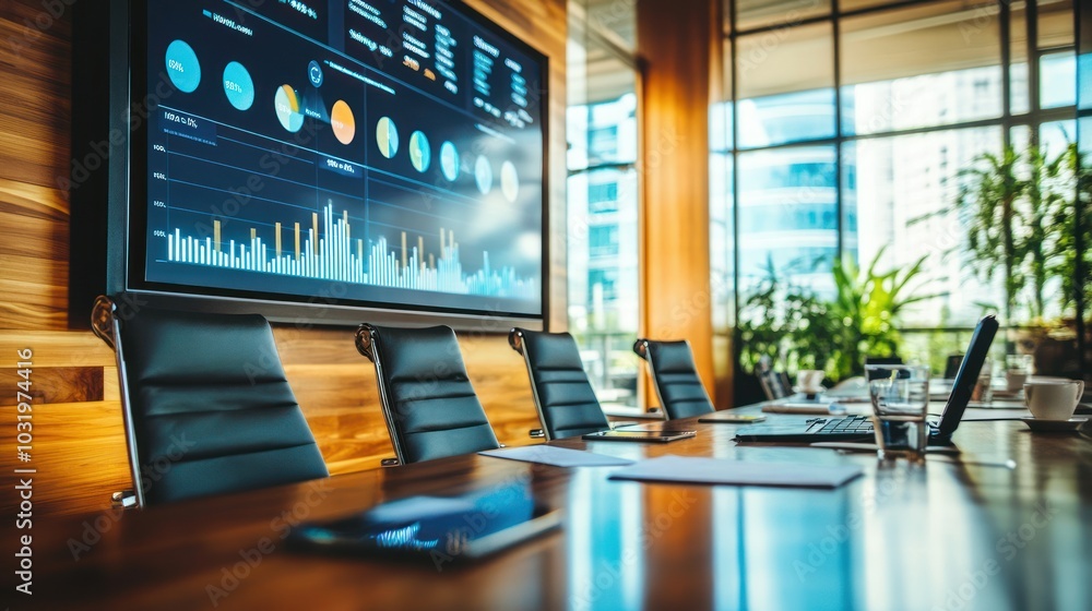 Poster a modern conference room with a large screen displaying graphs and charts.