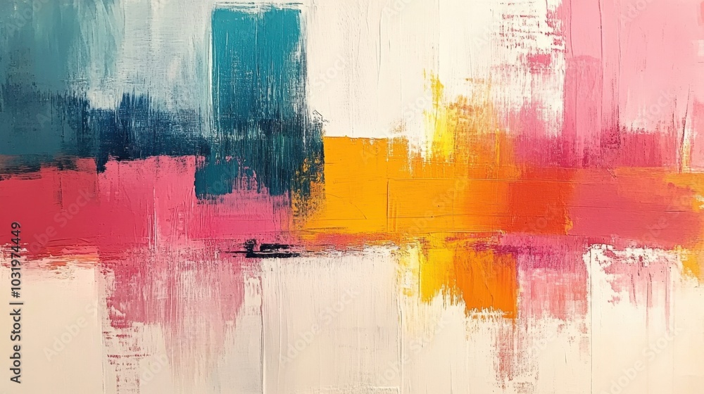 Poster vibrant abstract canvas featuring intersecting blocks of color, blending textures and hues in a dyna