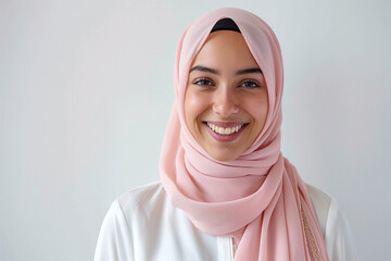 A woman wearing a pink scarf is smiling