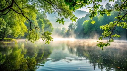 Fototapeta premium Serene Foggy Waterscape with Trees: Macro Photography of Misty Reflections and Nature's Beauty