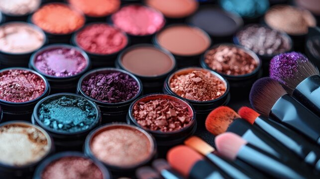 Vibrant colors of a makeup artist's palette with brushes arranged thoughtfully in an elegant display setting. Generative AI
