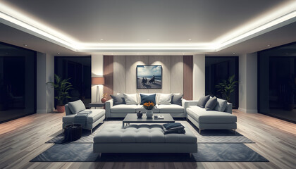 The interior design of a contemporary living room featuring a large comfortable couch and decor isolated with white highlights, png